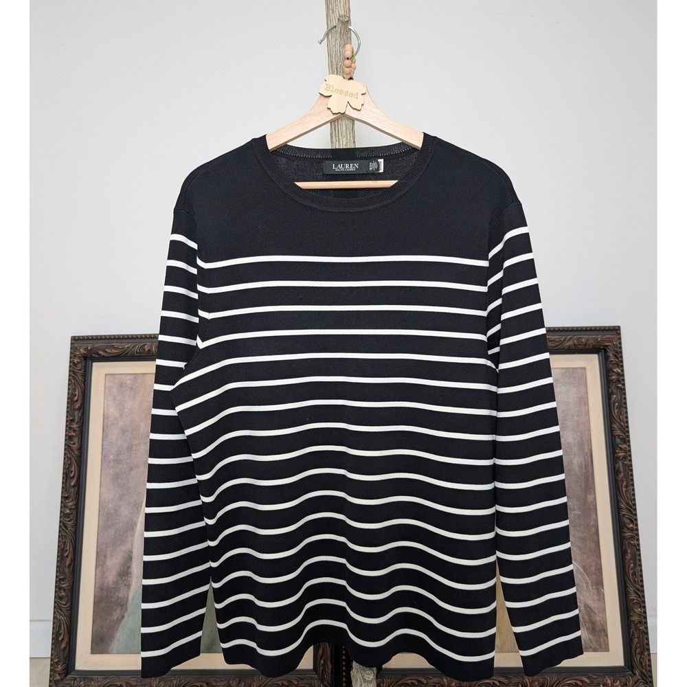 Lauren Ralph Lauren Women's Black White Striped Crewneck Sweater 2X - Picture 3 of 8